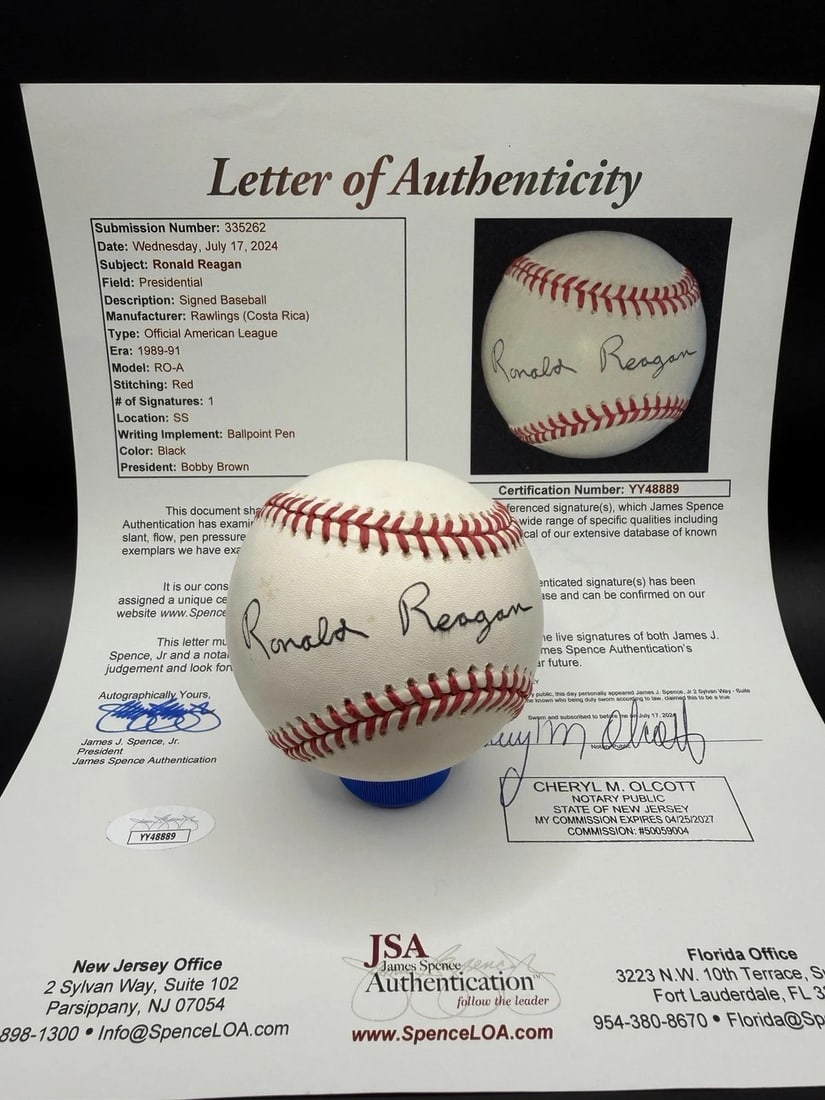 Ronald Reagan Autographed American League Baseball With JSA Full Letter COA: Ronald Reagan Autographed American League Baseball With JSA Full Letter COA This is an original American League baseball single signed by President Ronald Reagan. The autograph has been authenticated 