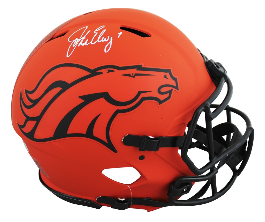 John Elway Autographed Rave Denver Broncos Full Size Speed Proline Helmet BAS Witness: John Elway Autographed Rave Denver Broncos Full Size Speed Proline Helmet BAS Witness This authentic Riddell full size Speed Proline helmet features the Denver Broncos alternate 'Rave' design and has 