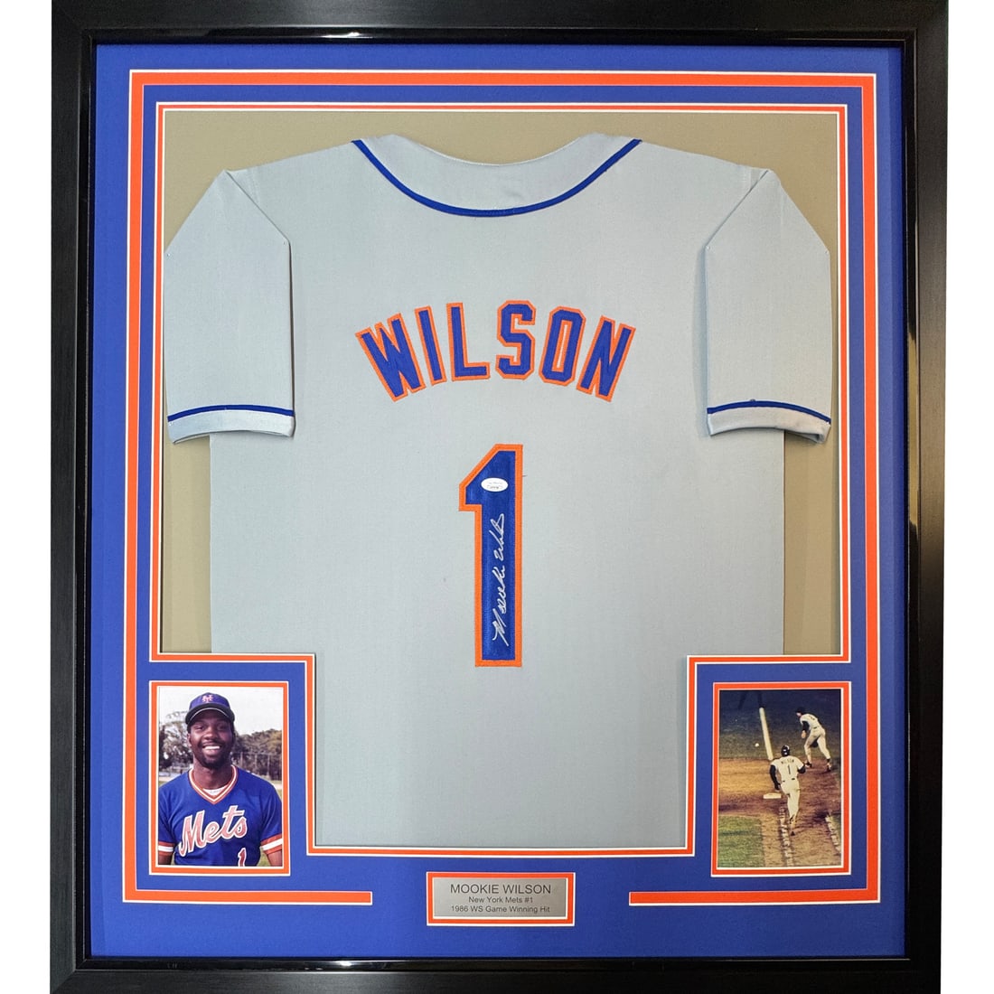 Framed Autographed Mookie Wilson Jersey New York Mets JSA COA 33x42: Framed Autographed Mookie Wilson Jersey New York Mets JSA COA 33x42 Celebrate the legacy of Mookie Wilson with this framed and autographed New York Mets jersey. Measuring 33" x 42", the jersey is prof