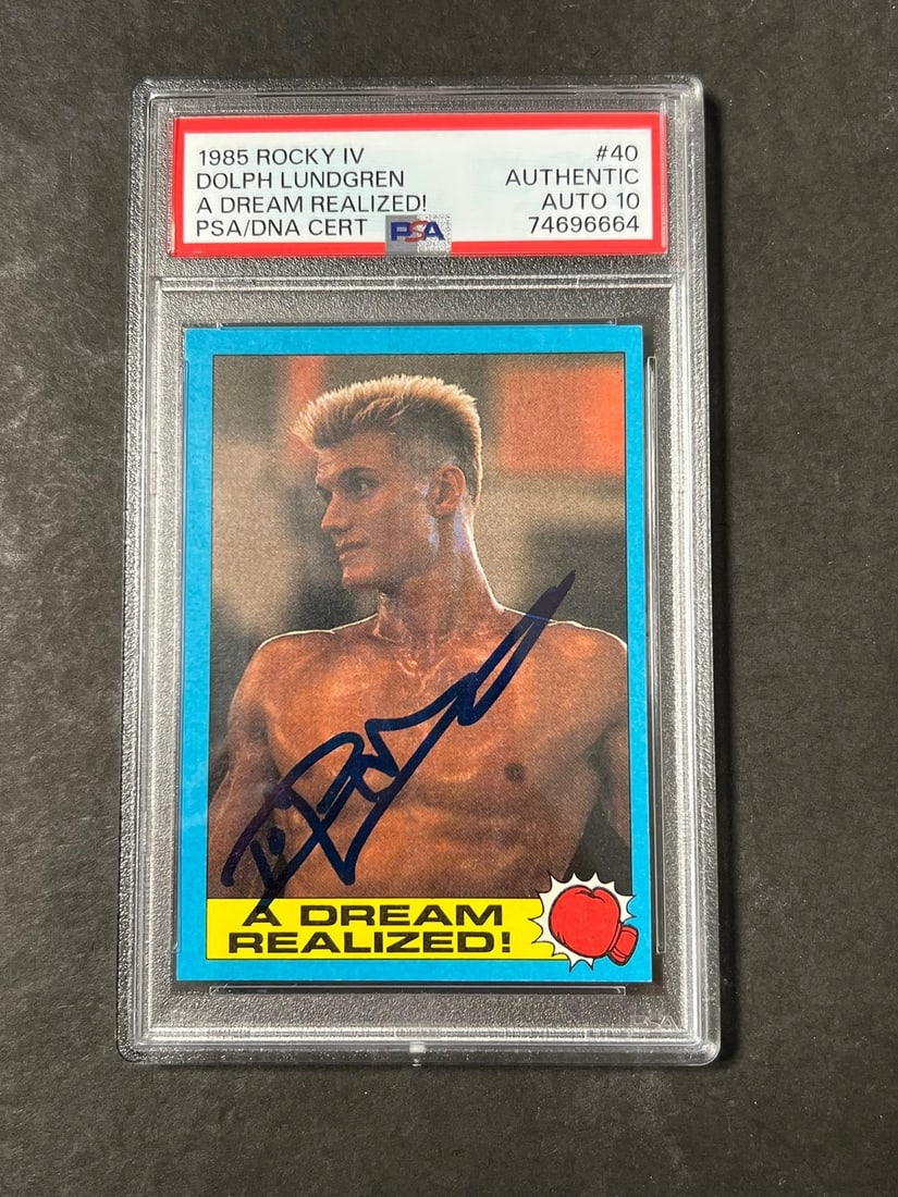 Dolph Lundgren PSA Auto 10 1985 Topps Rocky IV Card #40: Dolph Lundgren PSA Auto 10 1985 Topps Rocky IV Card #40 This is an original 1985 Topps Rocky IV #40 sports trading card, featuring Ivan Drago and signed by Dolph Lundgren. The card has been profession