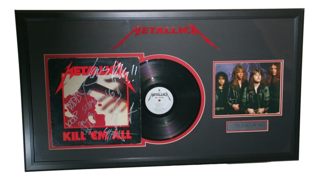 Metallica Kill'Em All Signed Framed Album by Burton, Hetfield, Hammett, Ulrich PSA/DNA: Metallica Kill'Em All Signed Framed Album by Burton, Hetfield, Hammett, Ulrich PSA/DNA This stunning framed display features the iconic 'Kill'Em All' album by Metallica, signed by legendary members Cl