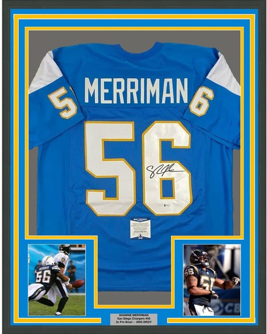 Framed Shawne Merriman Autographed Jersey San Diego Chargers BAS COA Gem Mint: Framed Shawne Merriman Autographed Jersey San Diego Chargers BAS COA Gem Mint Celebrate the legacy of Shawne Merriman with this professionally framed autographed jersey from his time with the San Dieg