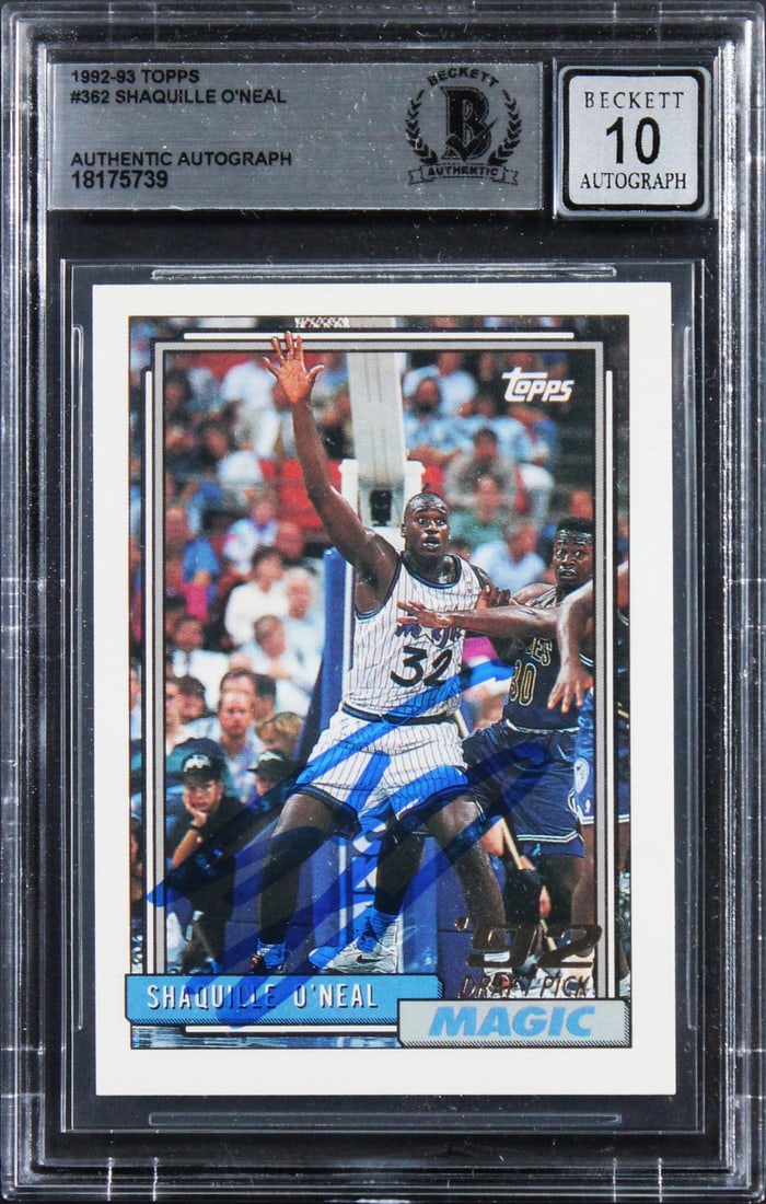 Shaquille O'Neal Signed 1992 Topps Rookie Card Gem Mint 10 Beckett: Shaquille O'Neal Signed 1992 Topps Rookie Card Gem Mint 10 Beckett This 1992 Topps #362 Rookie Card features the iconic Shaquille O'Neal, personally signed and graded Gem Mint 10 by Beckett Authentica