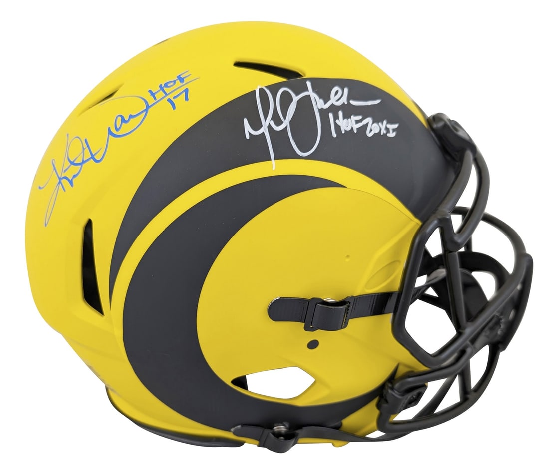 Marshall Faulk Kurt Warner Signed Rams Riddell Speed Proline Helmet BAS Authenticated: Marshall Faulk Kurt Warner Signed Rams Riddell Speed Proline Helmet BAS Authenticated This Los Angeles Rams Riddell Authentic Full Size Speed Proline Helmet features autographs from Marshall Faulk and
