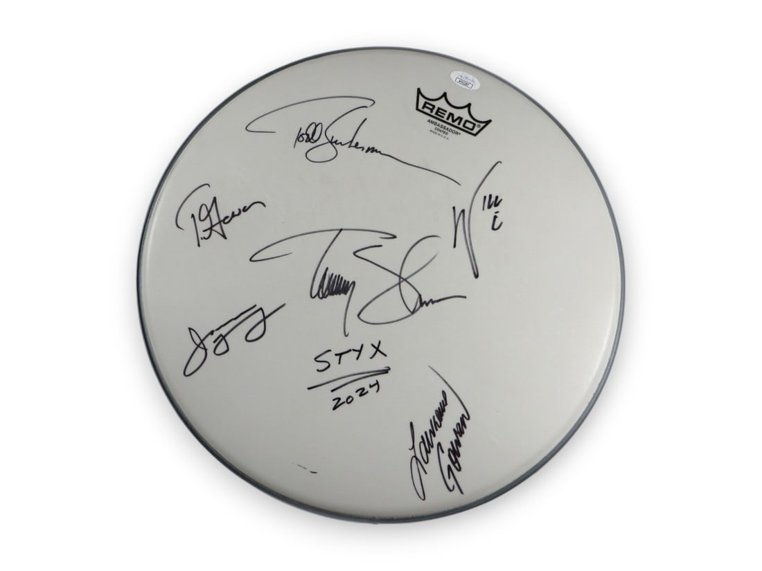 Styx Band Signed 14 Drumhead with 6 Autographs JSA Certified: Styx Band Signed 14 Drumhead with 6 Autographs JSA Certified Celebrate the legacy of Styx with this authentic 14" drumhead, signed by six members of the band: James "J.Y." Young, Tommy Shaw, Todd Such