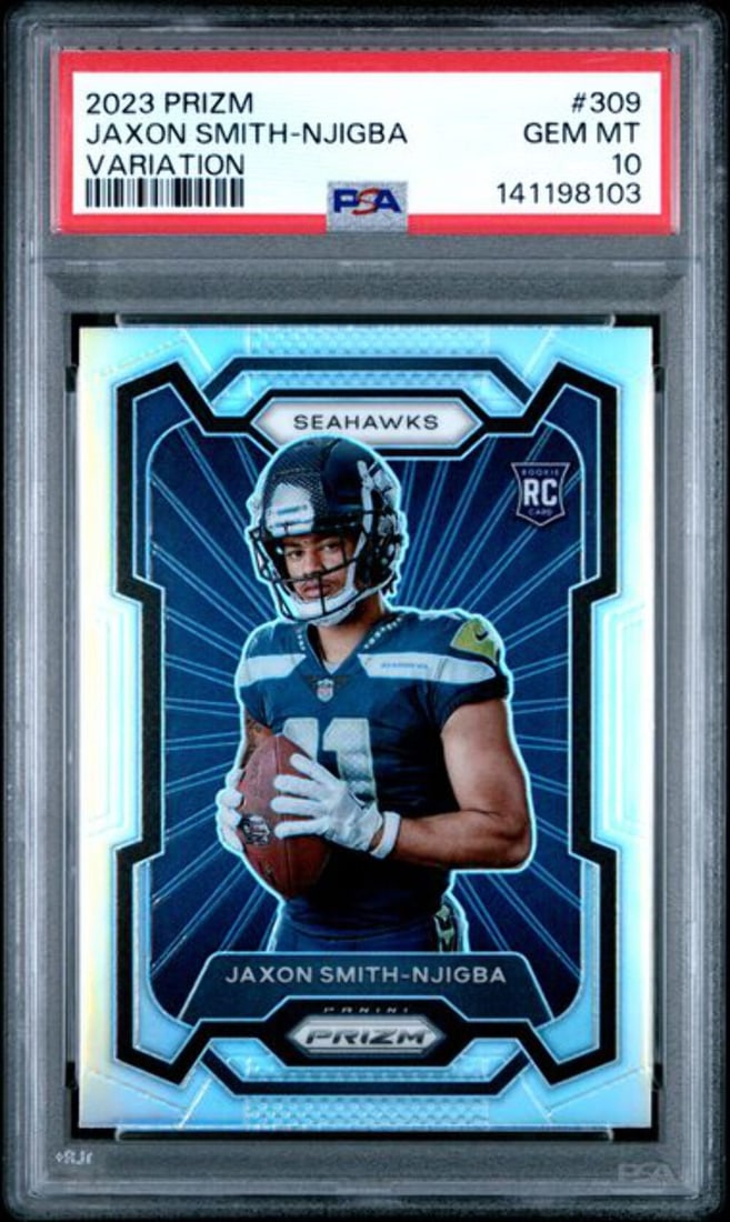 PSA 10 Jaxon Smith-Njigba 2023 Prizm Rookie Variation Seahawks NFL Card: PSA 10 Jaxon Smith-Njigba 2023 Prizm Rookie Variation Seahawks NFL Card This is a 2023 Panini Prizm Jaxon Smith-Njigba #309 variation rookie card, professionally graded PSA 10 by Professional Sports A