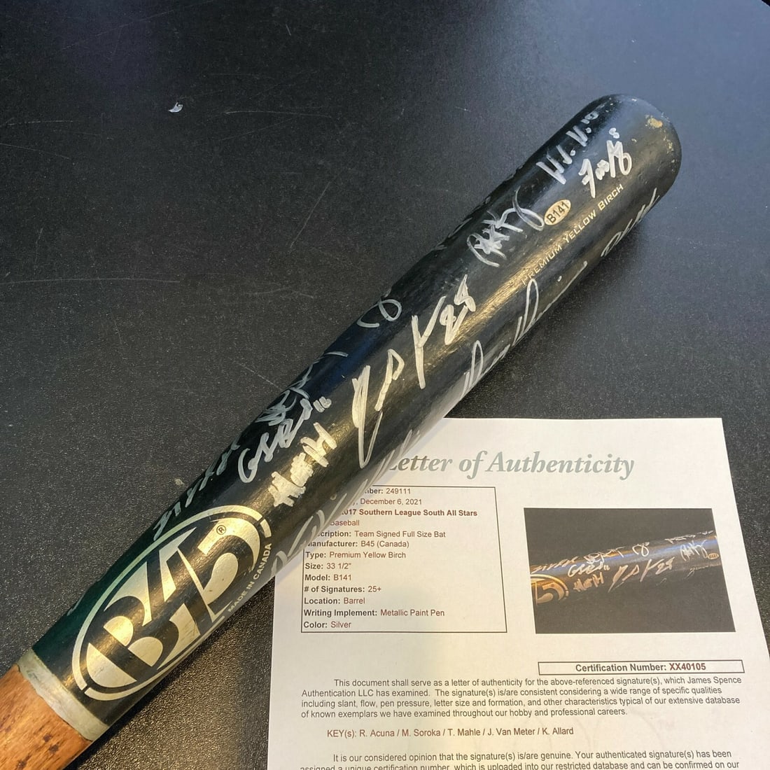 Ronald Acuna 2017 Minor League All Star Game Signed Bat JSA COA: Ronald Acuna 2017 Minor League All Star Game Signed Bat JSA COA This is a game-used bat signed by Ronald Acuna Jr. and the entire team from the 2017 Minor League All-Star Game. Authenticated by James 