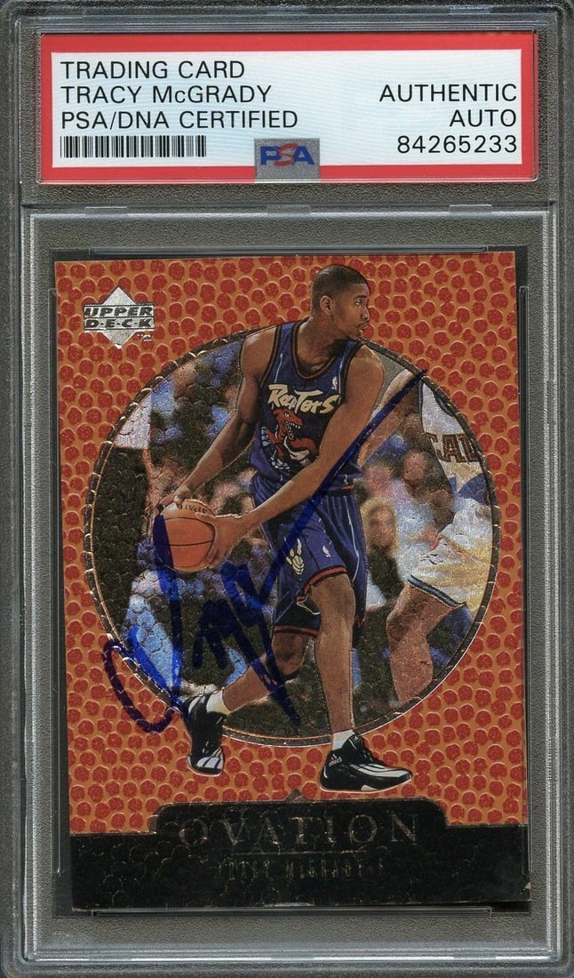 1998 Upper Deck Ovation Tracy McGrady Signed Card PSA/DNA: 1998 Upper Deck Ovation Tracy McGrady Signed Card PSA/DNA This is a 1998 Upper Deck Ovation #64 trading card featuring Tracy McGrady, a prominent NBA player known for his time with the Toronto Raptors