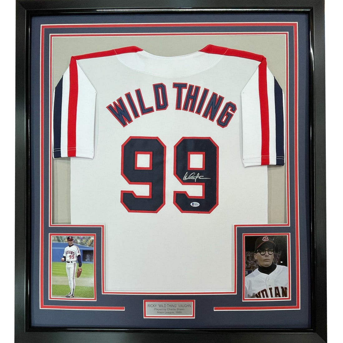 Framed Signed Charlie Sheen Wild Thing Jersey with JSA COA: Framed Signed Charlie Sheen Wild Thing Jersey with JSA COA Celebrate your love for baseball and pop culture with this professionally framed autographed Charlie Sheen 'Wild Thing' Vaughn jersey. This u