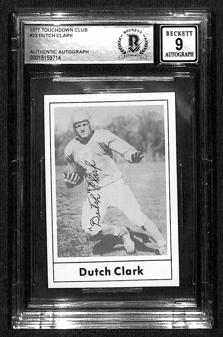 Earl Dutch Clark Signed 1977 Touchdown Club #23 Auto Grade 9 Beckett: Earl Dutch Clark Signed 1977 Touchdown Club #23 Auto Grade 9 Beckett This is a rare autographed 1977 Touchdown Club #23 sports trading card featuring Hall of Famer Earl Dutch Clark, who passed away sh