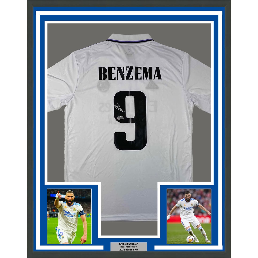 Framed Karim Benzema 2022-23 Real Madrid Jersey with Beckett COA: Framed Karim Benzema 2022-23 Real Madrid Jersey with Beckett COA This professionally framed and matted display features an autographed 2022-23 white jersey of Karim Benzema, a star player from Real Ma