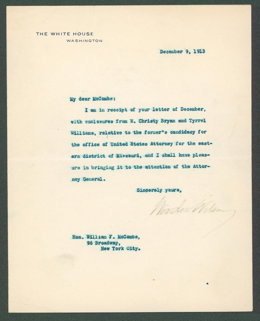 1913 White House Letter Signed by Woodrow Wilson Beckett Authenticated 7x8.8 (1 of 3)