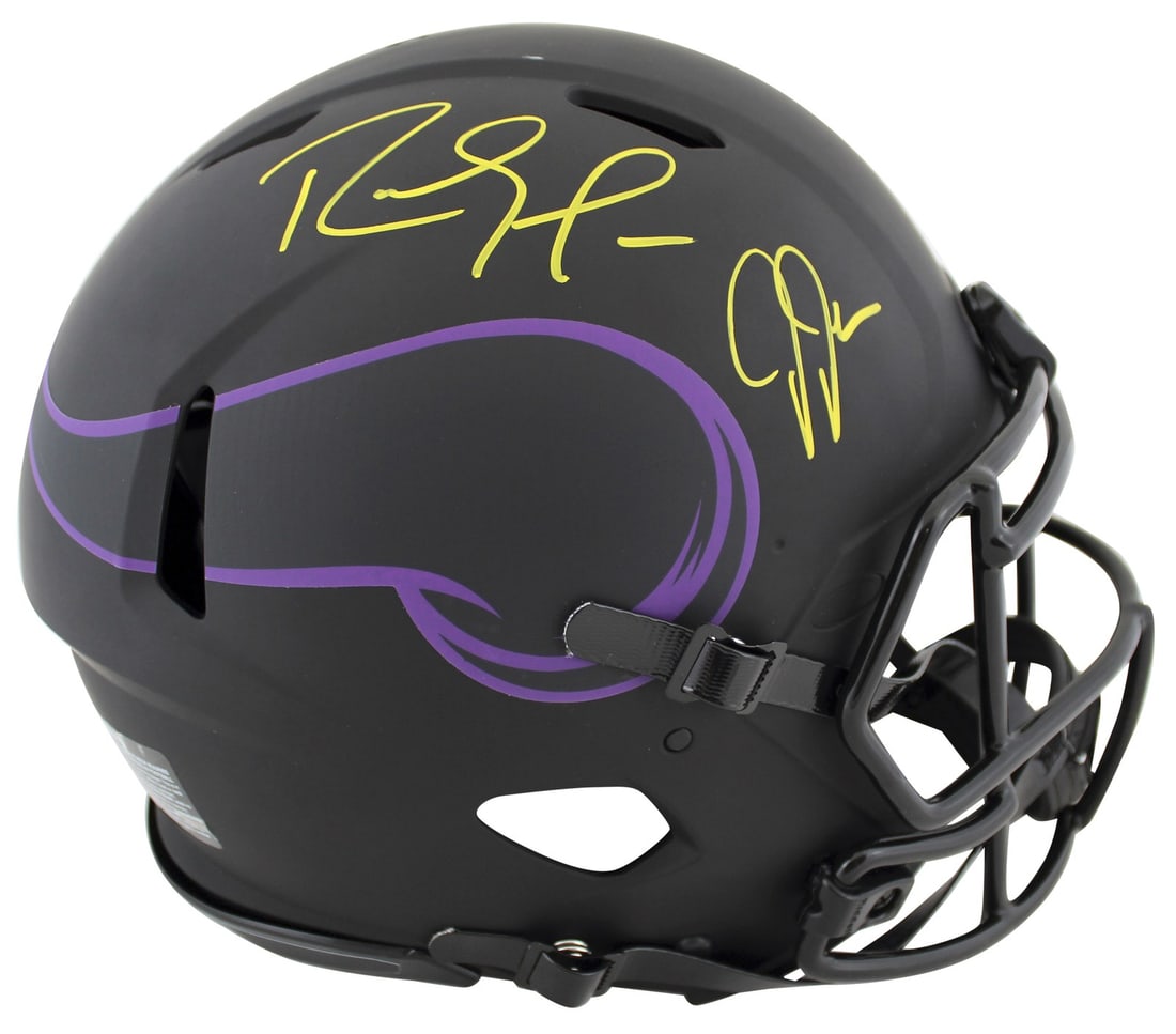 Randy Moss Justin Jefferson Signed Eclipse Full Size Helmet BAS Authenticated: Randy Moss Justin Jefferson Signed Eclipse Full Size Helmet BAS Authenticated This autographed Minnesota Vikings Eclipse Riddell Authentic Full Size Speed Proline Helmet features the signatures of NFL