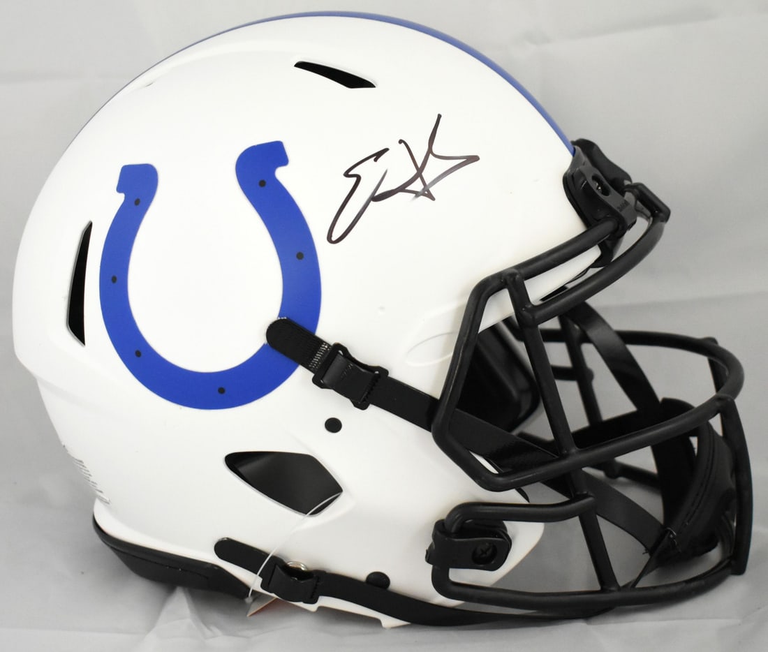 Indianapolis Colts Lunar Speed Authentic Helmet Signed by Edgerrin James Beckett Holo: Indianapolis Colts Lunar Speed Authentic Helmet Signed by Edgerrin James Beckett Holo This authentic Indianapolis Colts full-size Lunar Speed helmet features the signature of Edgerrin James. The helme