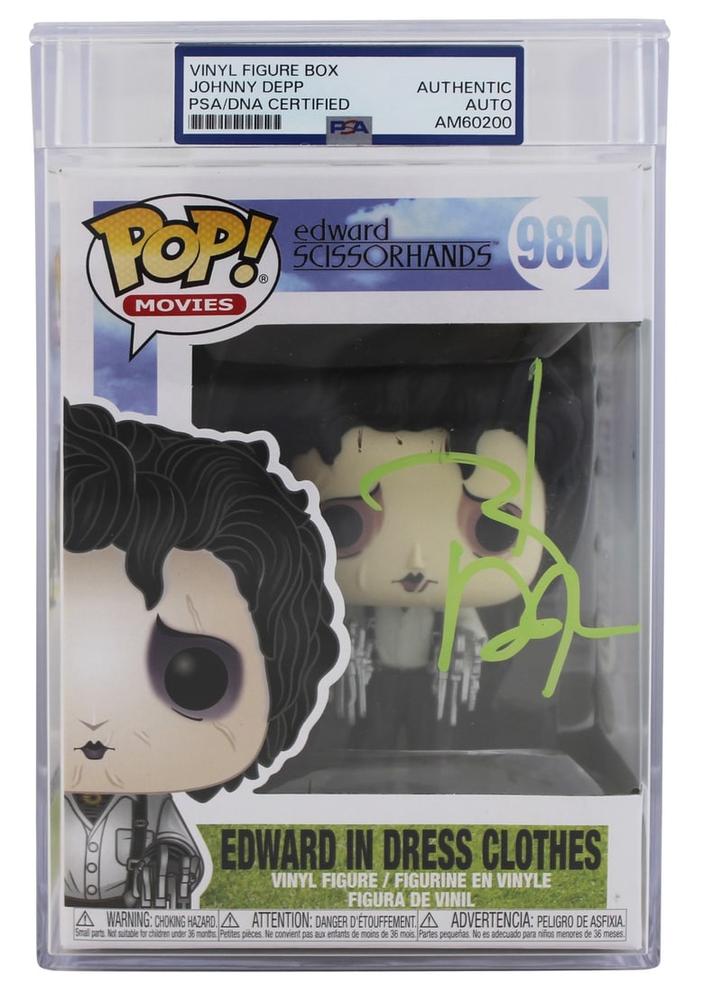 PSA Authenticated Johnny Depp Signed Edward Scissorhands Funko Pop Figure #980: PSA Authenticated Johnny Depp Signed Edward Scissorhands Funko Pop Figure #980 This autographed #980 Funko Pop Vinyl Figure from Edward Scissorhands features a hand-signed signature by Johnny Depp. Th