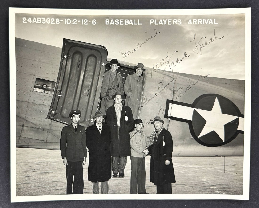 1943 USO Tour Original 8x10 Photo Signed Musial Frisch BAS LOA: 1943 USO Tour Original 8x10 Photo Signed Musial Frisch BAS LOA Original 1943 USO Tour World War II news service photo from Alaska, signed by Stan Musial, Frankie Frisch, Dixie Walker, Hank Borowy, and