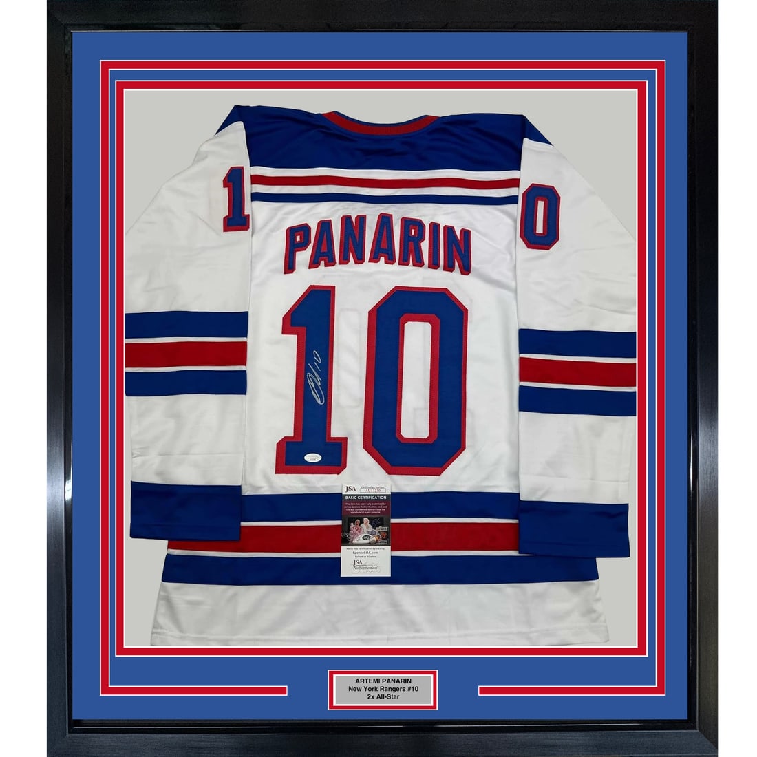 Framed Autographed Artemi Panarin New York Rangers Jersey with JSA COA: Framed Autographed Artemi Panarin New York Rangers Jersey with JSA COA Celebrate your love for hockey with this professionally framed autographed Artemi Panarin New York Rangers jersey. Measuring 35x3