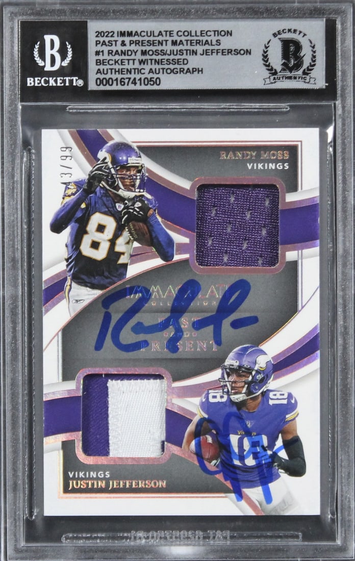2022 Immaculate Collection Card Signed by Randy Moss and Justin Jefferson BAS Auto 10: 2022 Immaculate Collection Card Signed by Randy Moss and Justin Jefferson BAS Auto 10 This is an original 2022 Immaculate Collection Past & Present Materials #1 card, individually numbered #43 out of 