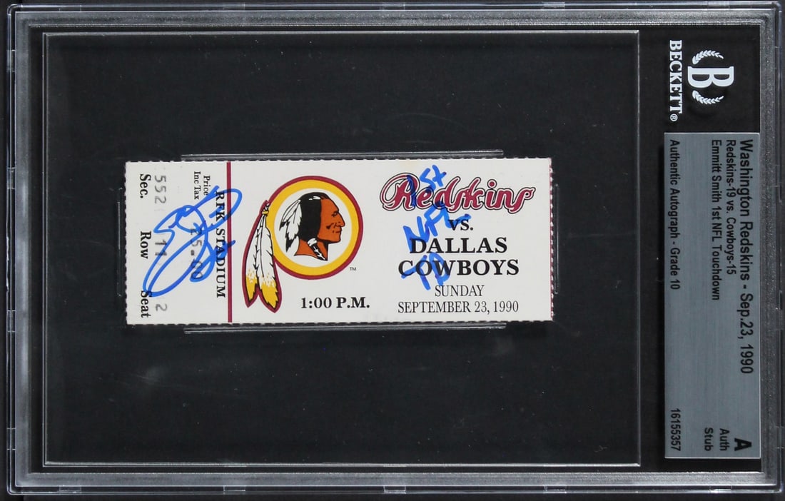 Emmitt Smith Signed 1990 NFL 1st TD Ticket Gem Mint 10 Beckett Authenticated: Emmitt Smith Signed 1990 NFL 1st TD Ticket Gem Mint 10 Beckett Authenticated Celebrate the remarkable career of Emmitt Smith with this authenticated ticket stub from his first NFL touchdown on Septemb