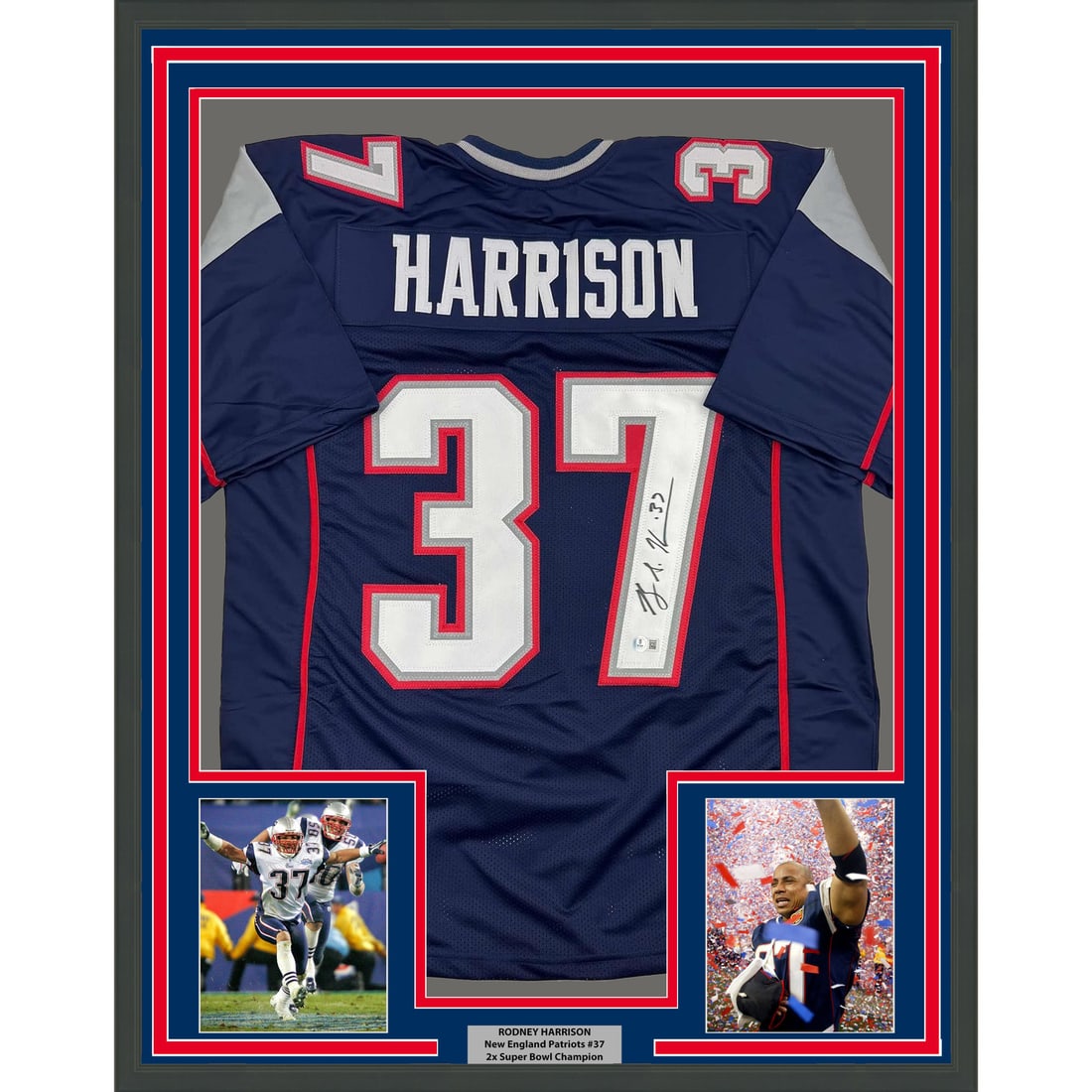 Framed Rodney Harrison Autographed Jersey New England Patriots Beckett COA 35x39: Framed Rodney Harrison Autographed Jersey New England Patriots Beckett COA 35x39 This professionally framed and matted collectible features an autographed blue jersey of NFL star Rodney Harrison, a ke