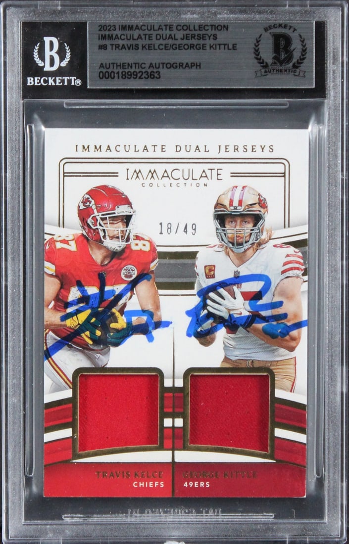Travis Kelce George Kittle Dual Signed 2023 Immaculate #8 Card Beckett Authenticated: Travis Kelce George Kittle Dual Signed 2023 Immaculate #8 Card Beckett Authenticated This 2023 Immaculate Collection Dual Jerseys #8 card, serial numbered 18/49, features authentic signatures from Tra
