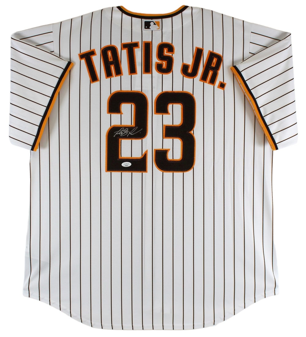 Fernando Tatis Jr. Signed White Pinstriped Nike Jersey JSA Authenticated: Fernando Tatis Jr. Signed White Pinstriped Nike Jersey JSA Authenticated Own a piece of baseball memorabilia with this authentic autographed white pinstriped Nike jersey, personally signed by Fernando