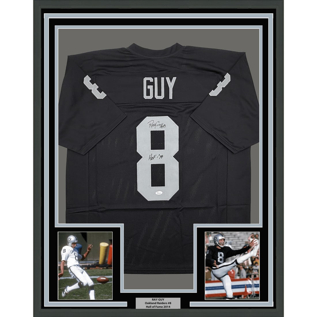 Ray Guy signed framed Raiders football jersey 35x39 JSA authenticated (1 of 2)
