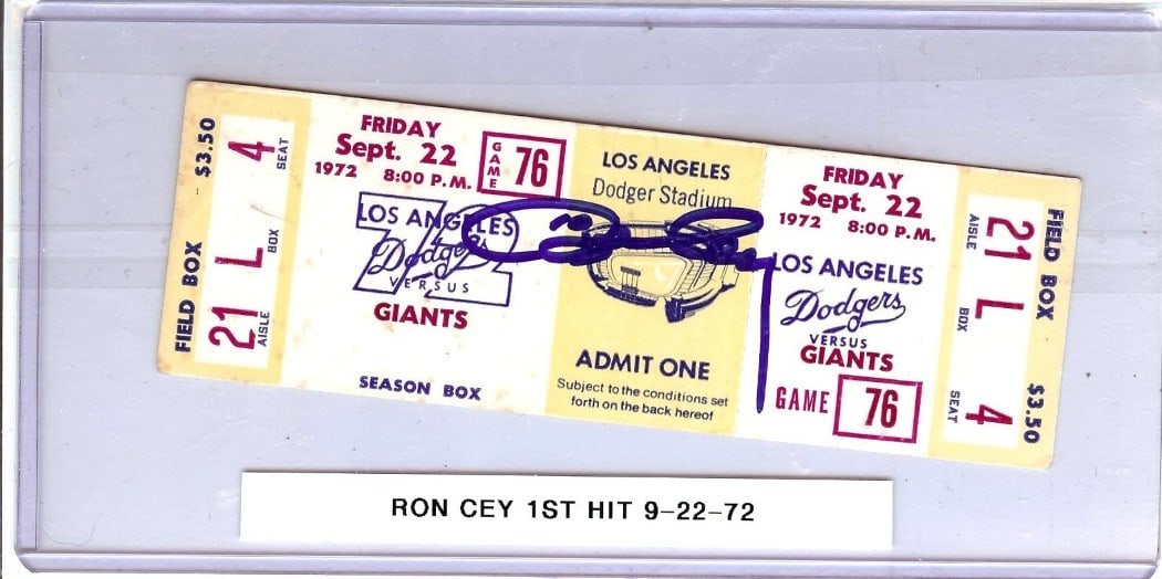 Ron Cey Autographed Ticket Stub Dodgers First Hit 9/22/72 JSA Certified: Ron Cey Autographed Ticket Stub Dodgers First Hit 9/22/72 JSA Certified Celebrate a piece of baseball history with this authentic ticket stub from Ron Cey's first career hit on September 22, 1972. Thi