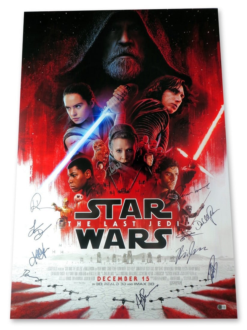 Star Wars Last Jedi 27x40 Autographed Poster Mark Hamill Daisy Ridley Adam Driver Beckett: Star Wars Last Jedi 27x40 Autographed Poster Mark Hamill Daisy Ridley Adam Driver Beckett Authenticated This original 27x40 poster of Star Wars: The Last Jedi features an impressive collection of sign