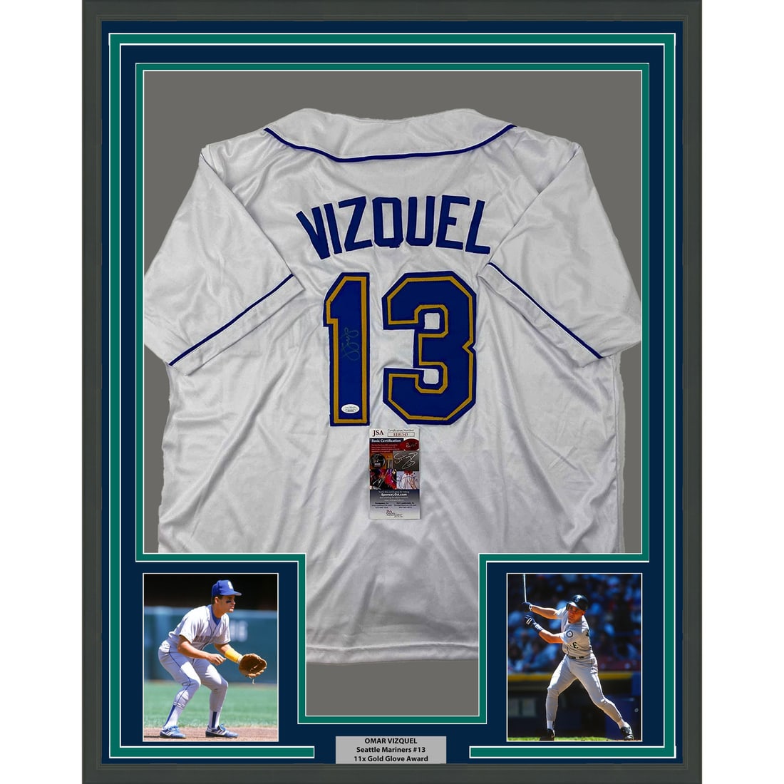 Framed Autographed Omar Vizquel Seattle Mariners Jersey JSA COA 35x39: Framed Autographed Omar Vizquel Seattle Mariners Jersey JSA COA 35x39 Celebrate the legacy of Omar Vizquel with this framed autographed Seattle Mariners jersey. This stunning display showcases an auth