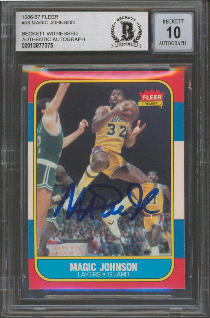 Magic Johnson Signed 1986 Fleer #53 Card Mint 10 Beckett Authenticated: Magic Johnson Signed 1986 Fleer #53 Card Mint 10 Beckett Authenticated Celebrate basketball history with this autographed 1986 Fleer #53 card, personally signed by NBA legend Magic Johnson of the Los 