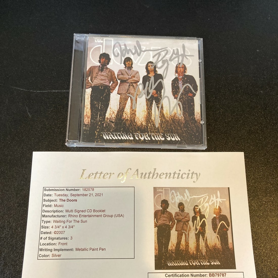 The Doors Signed CD with JSA COA by Densmore Krieger Manzarek: The Doors Signed CD with JSA COA by Densmore Krieger Manzarek This is an original CD of The Doors, signed by band members John Densmore, Robby Krieger, and Ray Manzarek. The CD comes with a full lette