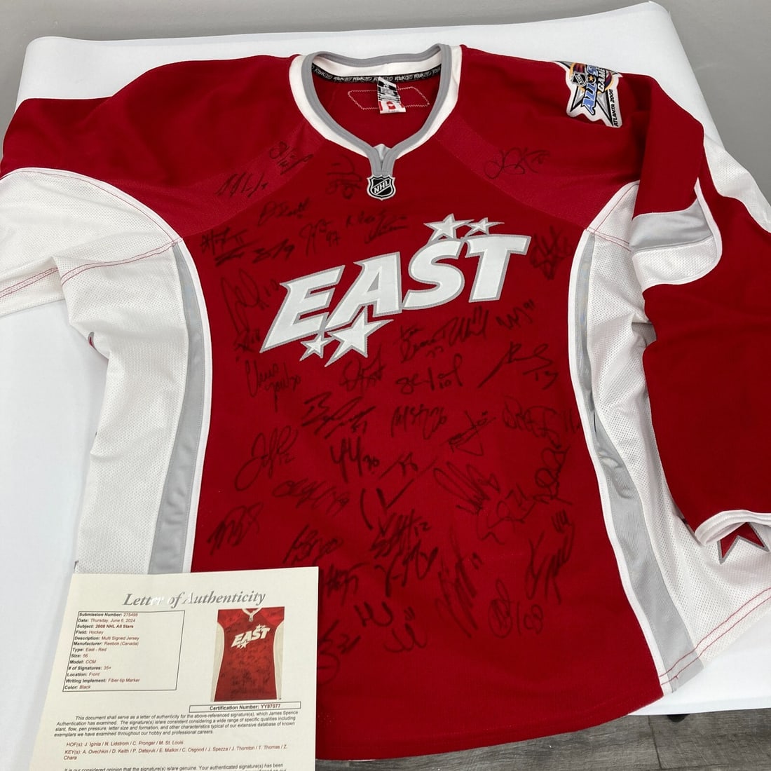 2008 NHL All Star Game Team Signed Jersey 40 Sigs Ovechkin JSA COA: 2008 NHL All Star Game Team Signed Jersey 40 Sigs Ovechkin JSA COA Celebrate the excitement of hockey with this 2008 NHL All Star Game Team Signed Jersey. This unique item features approximately 40 si