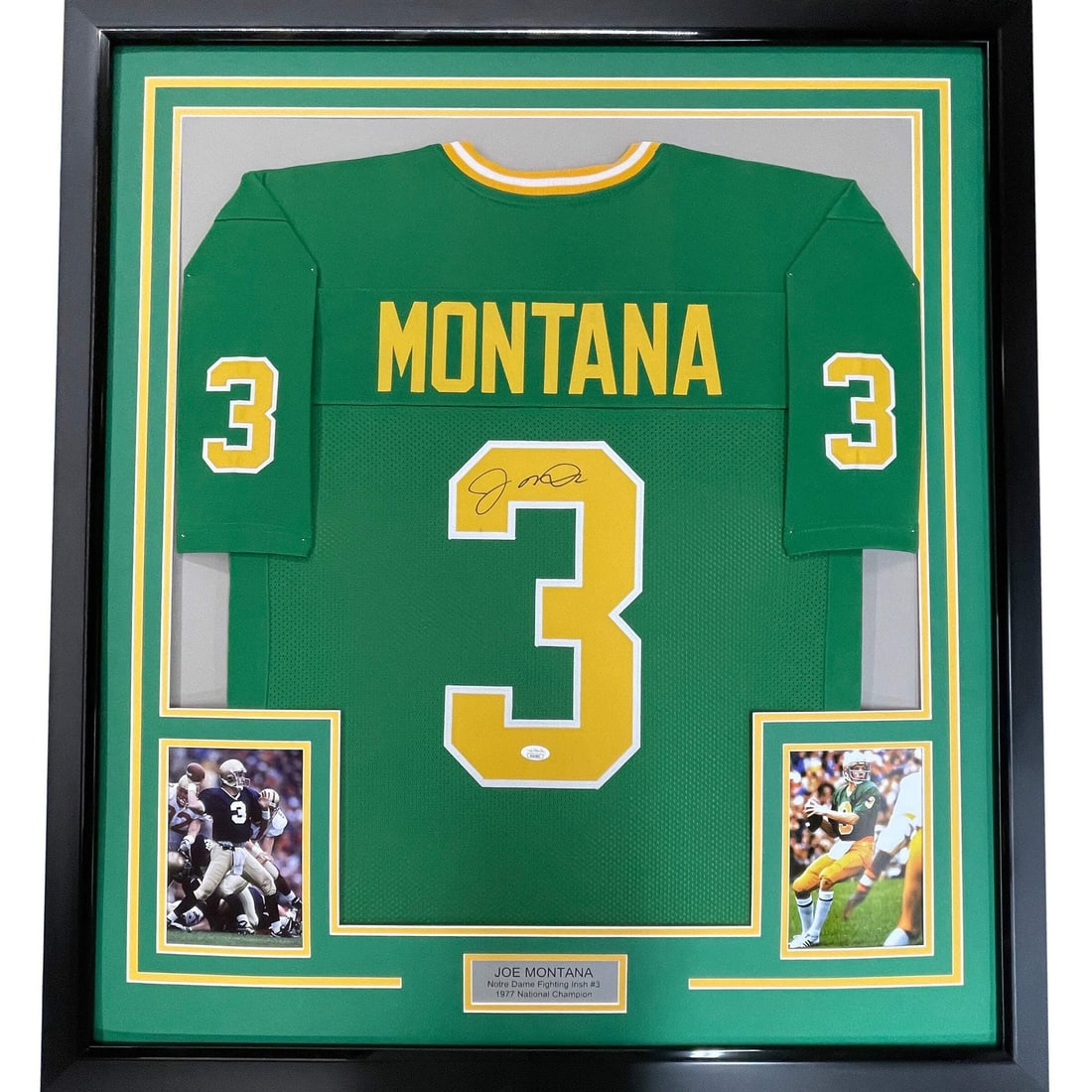 Framed Notre Dame Green Jersey Signed by Joe Montana JSA COA: Framed Notre Dame Green Jersey Signed by Joe Montana JSA COA This professionally framed and matted display features a Joe Montana autographed Notre Dame green jersey. The piece includes two 5x7 photos