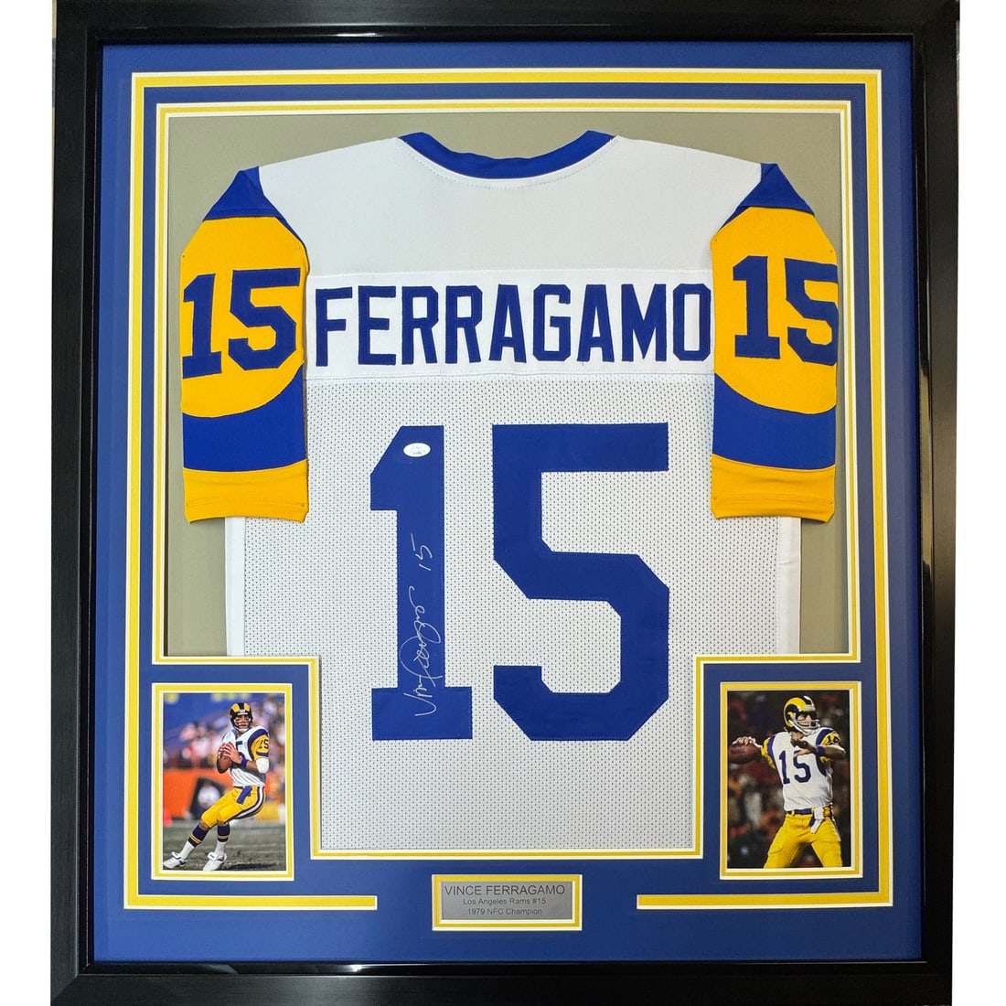 Framed Autographed Vince Ferragamo Los Angeles Rams Jersey with JSA COA 35x39: Framed Autographed Vince Ferragamo Los Angeles Rams Jersey with JSA COA 35x39 This framed and autographed Vince Ferragamo Los Angeles Rams white jersey is a must-have for any NFL fan. Measuring 35 inc