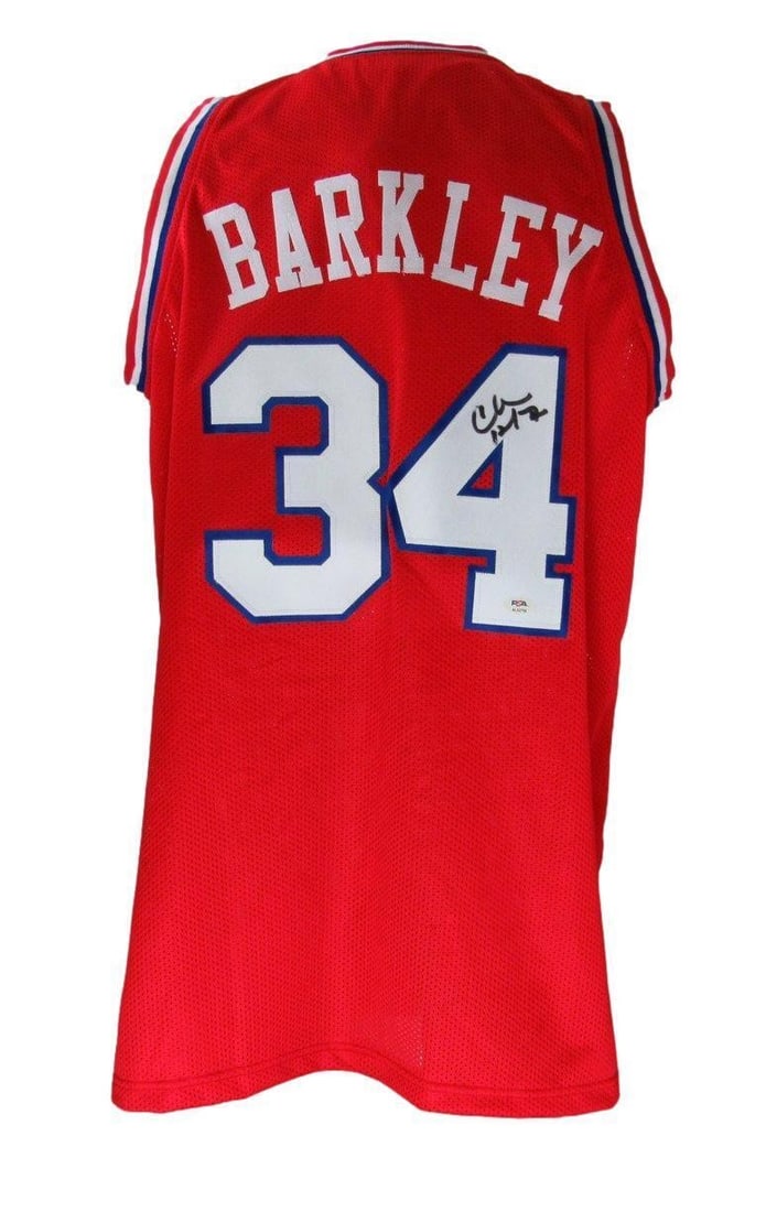 Philadelphia 76ers Red Jersey Signed by Charles Barkley PSA DNA Authenticated: Philadelphia 76ers Red Jersey Signed by Charles Barkley PSA DNA Authenticated This is a Charles Barkley autographed Philadelphia 76ers custom basketball jersey in red, size XL. The jersey features Bar