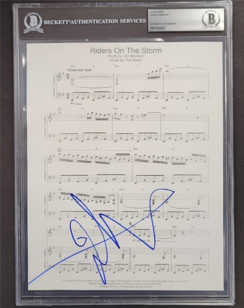 8x10 Photograph Signed by John Densmore Riders on the Storm Beckett Authenticated: 8x10 Photograph Signed by John Densmore Riders on the Storm Beckett Authenticated This is an original 8x10 photograph featuring song lyrics from "Riders on the Storm," signed by John Densmore of The D