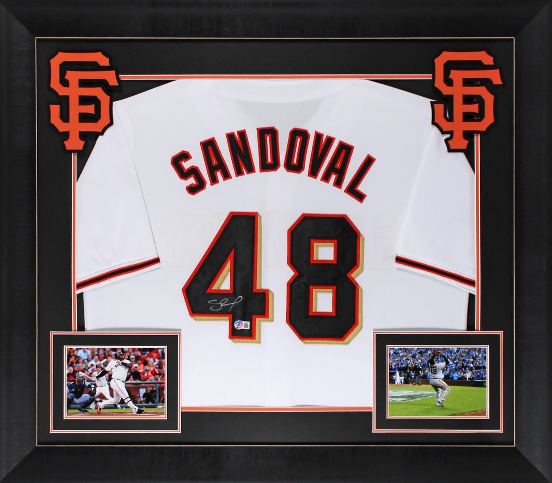 Framed White Pro Style Jersey Signed by Pablo Sandoval Beckett Witnessed: Framed White Pro Style Jersey Signed by Pablo Sandoval Beckett Witnessed This autographed white pro style framed jersey has been personally signed by Pablo Sandoval of the San Francisco Giants. It is 