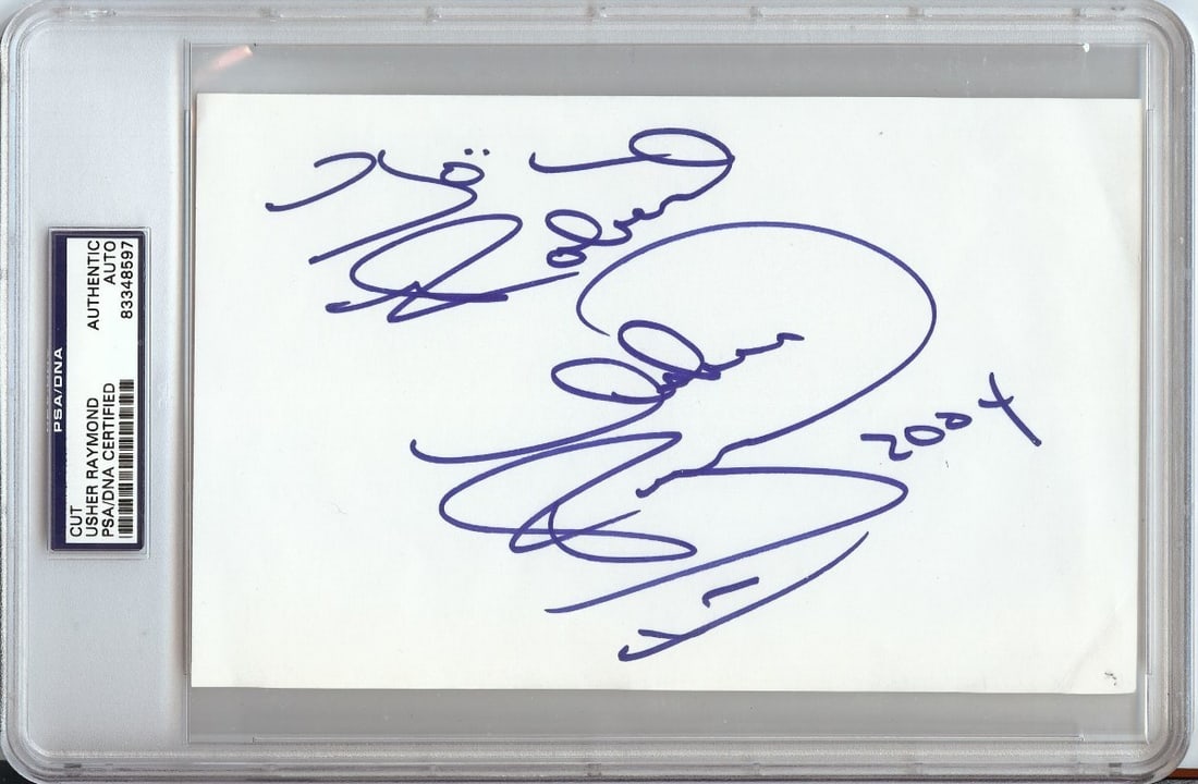 Usher Raymond Autographed Index Card PSA/DNA Certified Music Legend: Usher Raymond Autographed Index Card PSA/DNA Certified Music Legend This is an autographed index card featuring the signature of Usher Raymond, the legendary voice of contemporary R&B. The card is aut