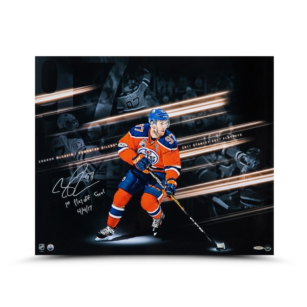 Connor McDavid Signed 20x24 Photo Inscribed Oilers Limited Edition #/97: Connor McDavid Signed 20x24 Photo Inscribed Oilers Limited Edition #/97 This is a limited edition 20" x 24" photo collage of Connor McDavid, autographed and inscribed by the star player himself. As a 