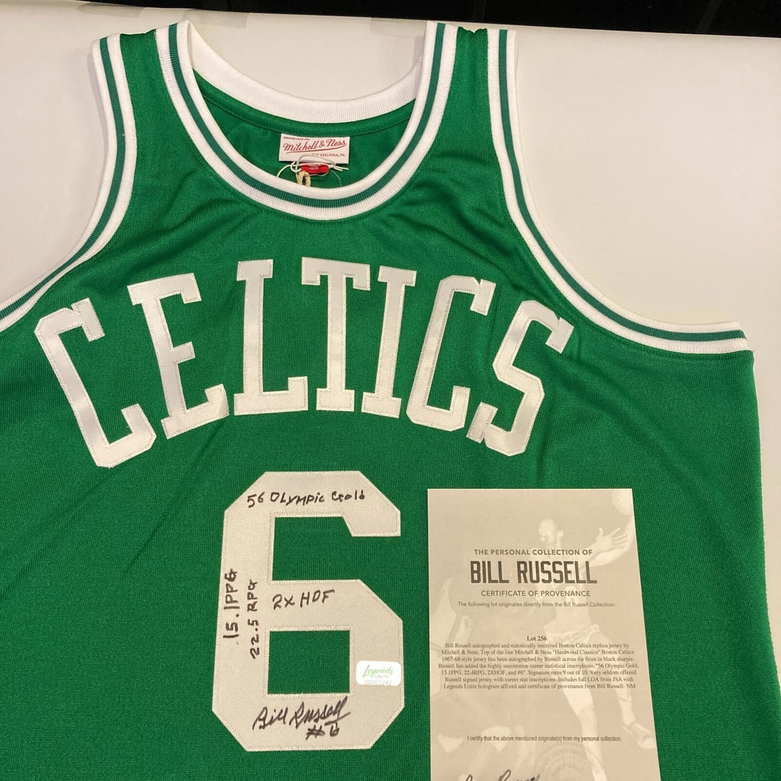 Bill Russell Signed Boston Celtics Jersey with Career Stats JSA COA: Bill Russell Signed Boston Celtics Jersey with Career Stats JSA COA This authentic Boston Celtics jersey, crafted by Mitchell & Ness in the "Hardwood Classics" 1967-68 style, features a bold autograph