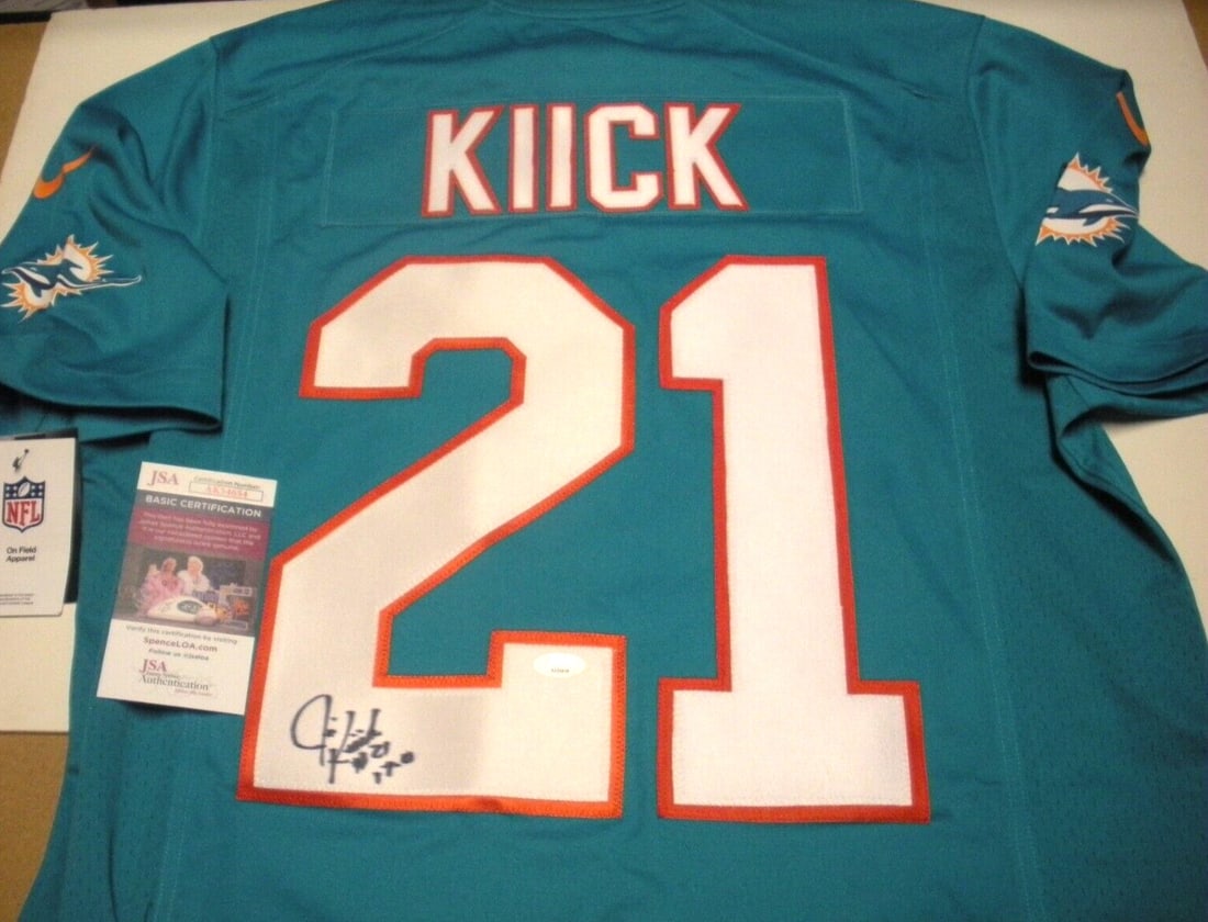 Jim Kiick Autographed Miami Dolphins Nike Jersey with JSA COA: Jim Kiick Autographed Miami Dolphins Nike Jersey with JSA COA This official licensed Nike jersey has been signed by Jim Kiick of the Miami Dolphins, commemorating the team's historic 17-0 season. The 