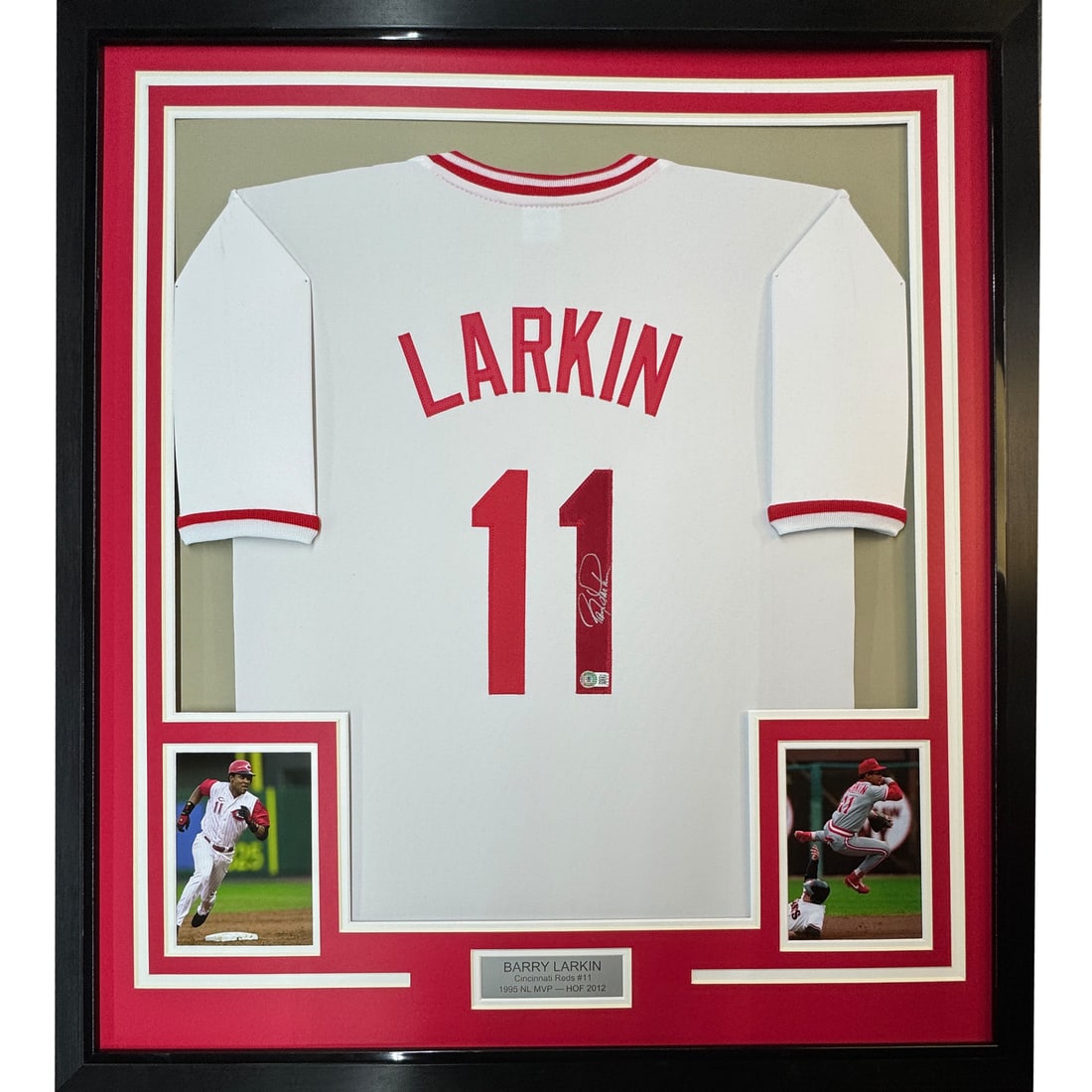 Framed Signed Barry Larkin Cincinnati Reds Jersey with BAS COA: Framed Signed Barry Larkin Cincinnati Reds Jersey with BAS COA Celebrate the legacy of Barry Larkin with this professionally framed and autographed Cincinnati Reds jersey. This striking piece features