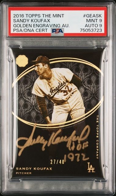 Sandy Koufax 2016 Topps Golden Engraving #GEASK PSA 9 Auto 27/40: Sandy Koufax 2016 Topps Golden Engraving #GEASK PSA 9 Auto 27/40 This is a highly collectible Sandy Koufax card from the 2016 Topps The Mint series, featuring the Golden Engraving design. This card is