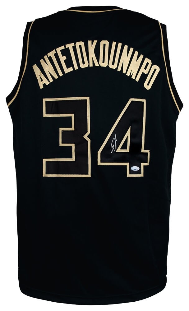 Giannis Antetokounmpo Signed Black Basketball Jersey with JSA COA: Giannis Antetokounmpo Signed Black Basketball Jersey with JSA COA Own a piece of basketball history with this Giannis Antetokounmpo signed black custom basketball jersey. This original item features t