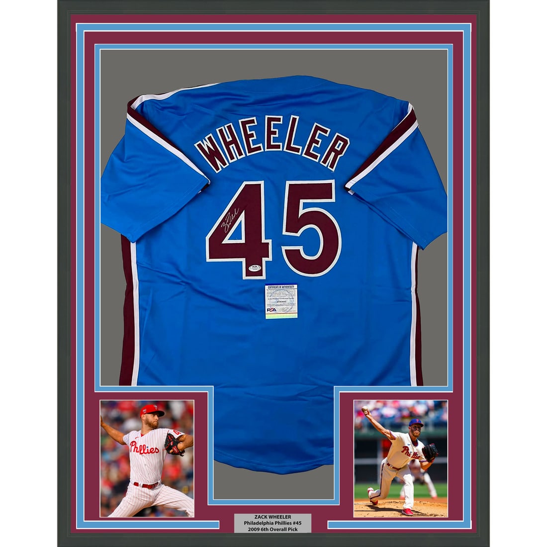 Framed Zack Wheeler Autographed Blue Retro Jersey PSA/DNA COA MLB: Framed Zack Wheeler Autographed Blue Retro Jersey PSA/DNA COA MLB Celebrate your love for baseball with this professionally framed and autographed blue retro jersey of Zack Wheeler, a standout player 