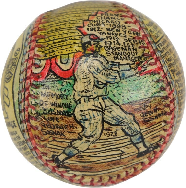 George Sosnak Signed Folk Art Baseball Featuring Frank Chance Hand Painted Imagery: George Sosnak Signed Folk Art Baseball Featuring Frank Chance Hand Painted Imagery This is an original hand-painted baseball by renowned folk artist and former minor league umpire George Sosnak. The b