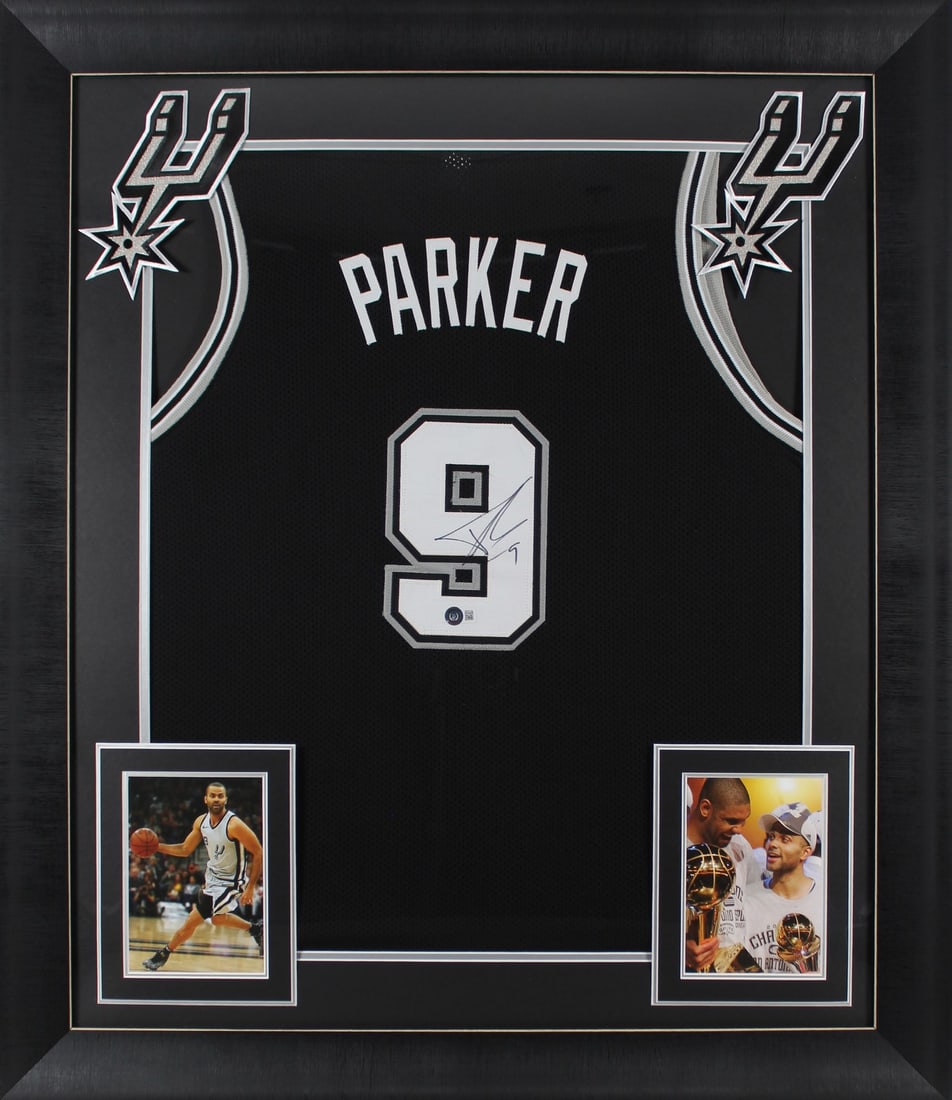 Framed Tony Parker Signed Black Jersey With Beckett Authentication: Framed Tony Parker Signed Black Jersey With Beckett Authentication This black pro style framed jersey has been personally signed by Tony Parker of the San Antonio Spurs. The autograph is authenticated