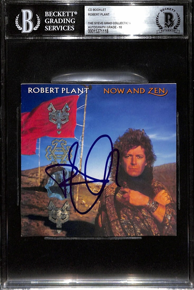 Beckett Graded 10 Robert Plant Signed Now and Zen CD Booklet: Beckett Graded 10 Robert Plant Signed Now and Zen CD Booklet This is an original color CD booklet from Robert Plant's album "Now and Zen," personally signed by Robert Plant in blue permanent marker. T