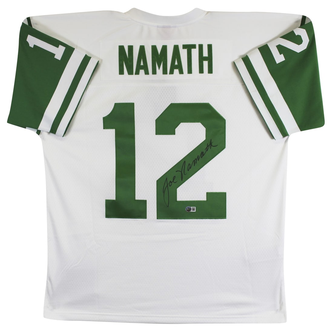 Joe Namath Signed New York Jets White Jersey BAS Witnessed: Joe Namath Signed New York Jets White Jersey BAS Witnessed Celebrate the legacy of Joe Namath with this authentic signed white Mitchell & Ness jersey. This original item, custom-stitched in X-Large si